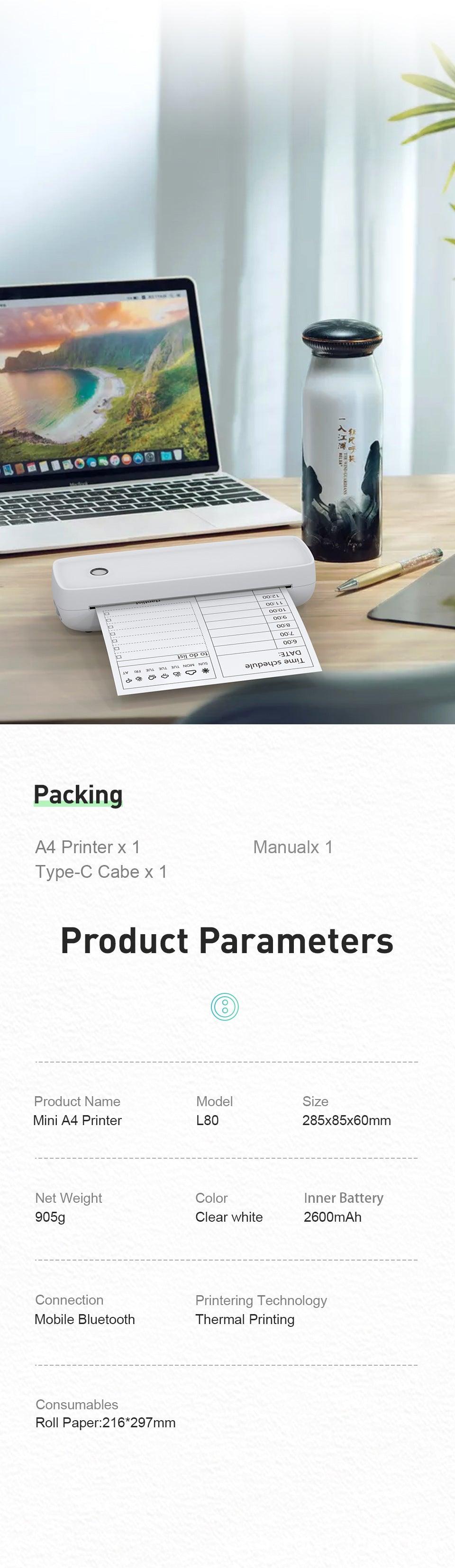Portable Printer Wireless Bluetooth - Inkless Thermal Printer Supporting A4 Paper