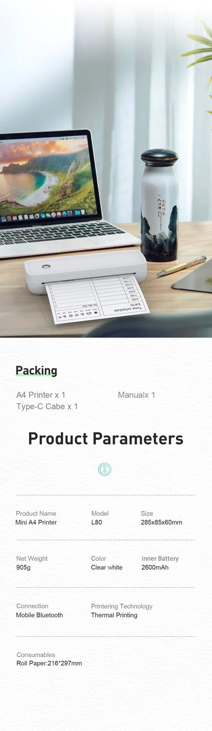 Portable Printer Wireless Bluetooth - Inkless Thermal Printer Supporting A4 Paper - Home Living Mall