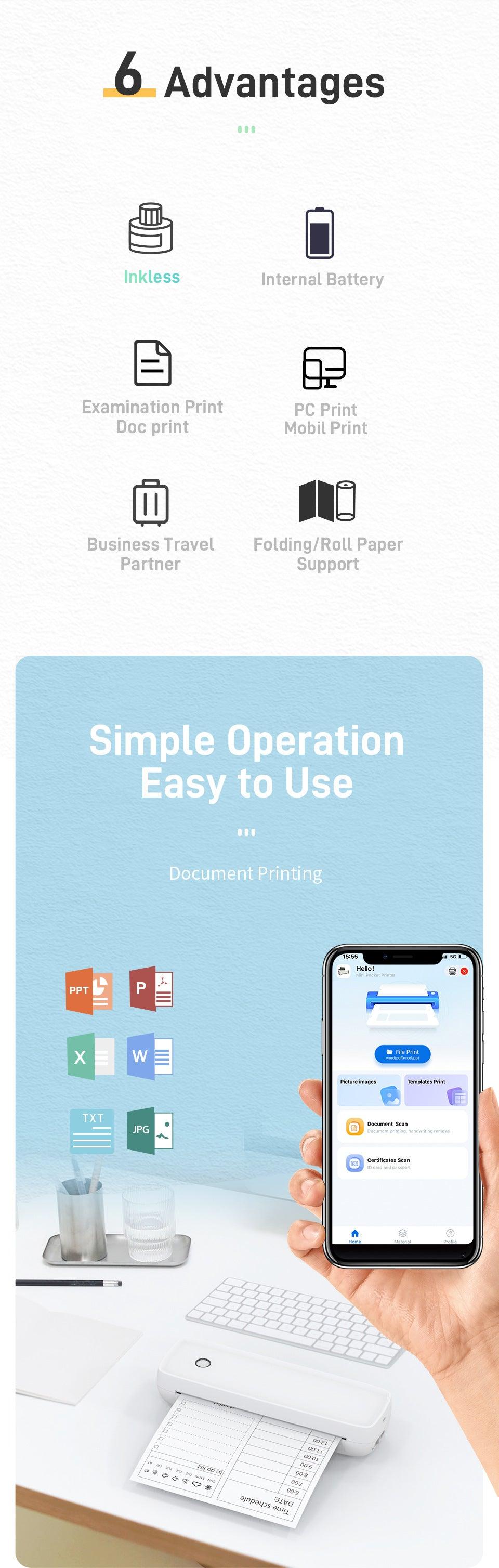 Portable Printer Wireless Bluetooth - Inkless Thermal Printer Supporting A4 Paper - Home Living Mall