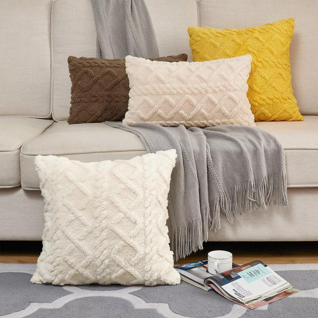 Soft Throw Pillow Cover: Decorative Home Pillows in White Pink Cream Grey Purple Khaki Coffee Retro Fluffy Design