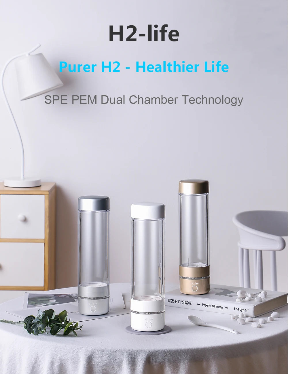 New H2Life Performance Molecular Hydrogen Water Generator Bottle DuPont SPE+PEM Dual Chamber lonizer + H2 Inhalation Device